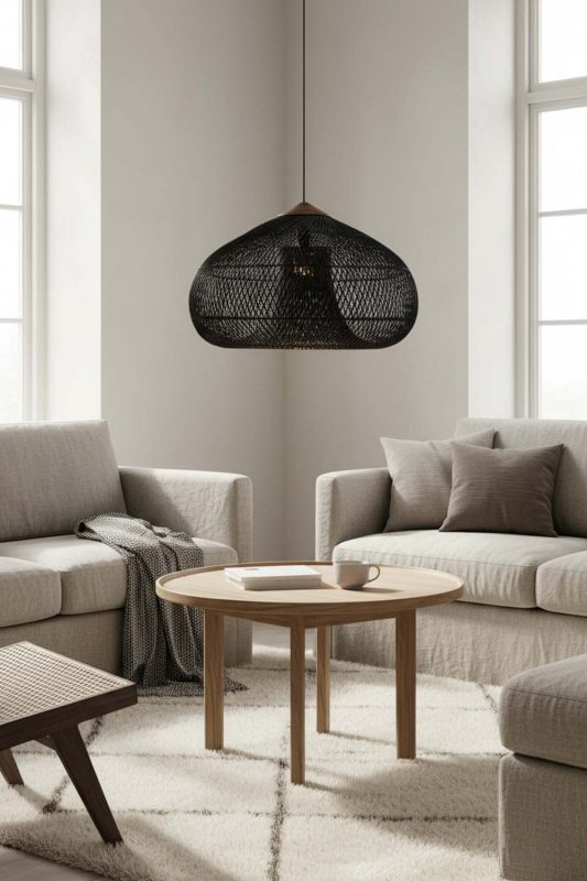 Living Table Black Vintage Wood Rattan Pendant Light - Calm & Comfortable