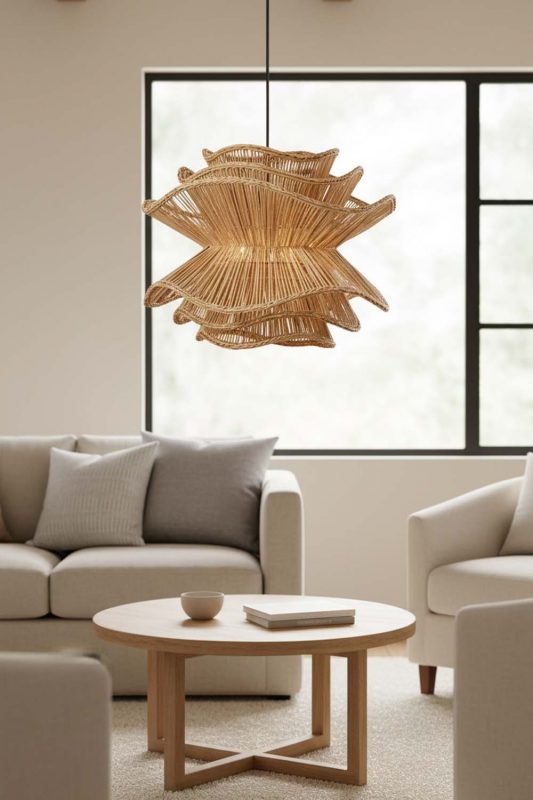 Living Table Brown Vietnamese Flower Rattan Chandelier - Trendy & Elegant