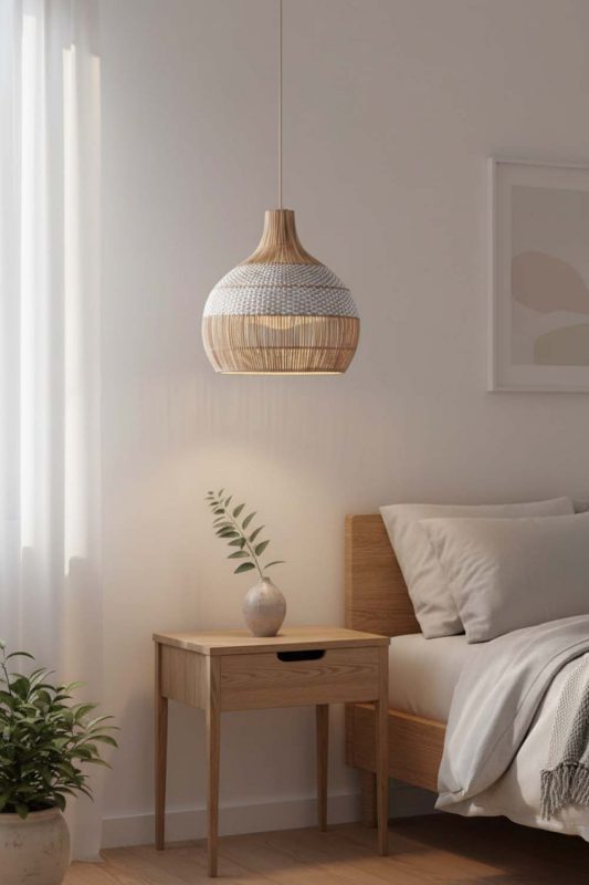 Natural White Rattan Pendant Light – Cozy Bedroom Lighting Idea