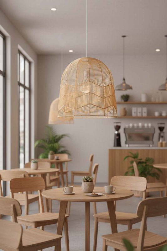 Restaurant Table Beige Rattan Birdcage Pendant Light - Upscale & Stylish