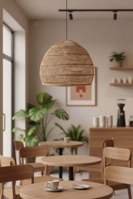 Restaurant Table Beige Rattan Cage Pendant Light - Memorable Ambience