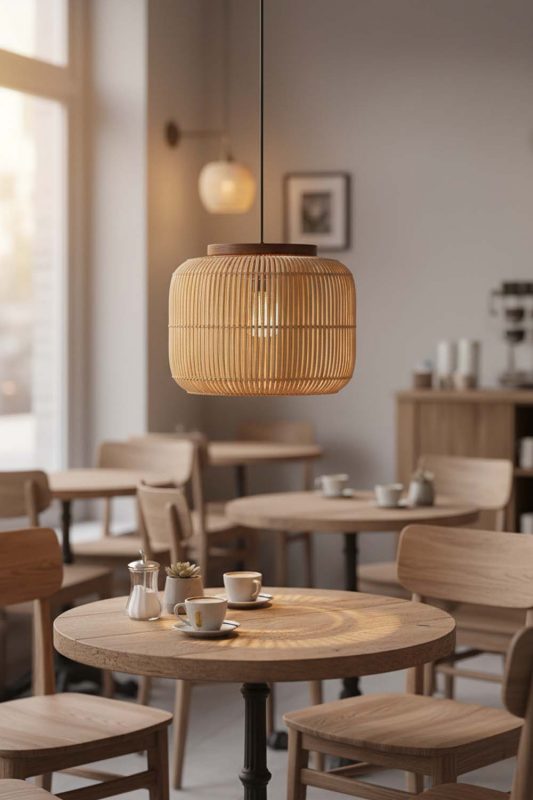 Restaurant Table Beige Rattan Capsule Pendant Light - Warm & Inviting Atmosphere