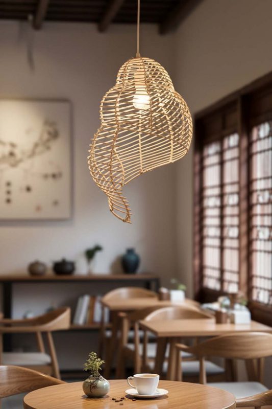 Restaurant Table Beige Rattan Spiral Pendant Light - Elegant Dining Experience
