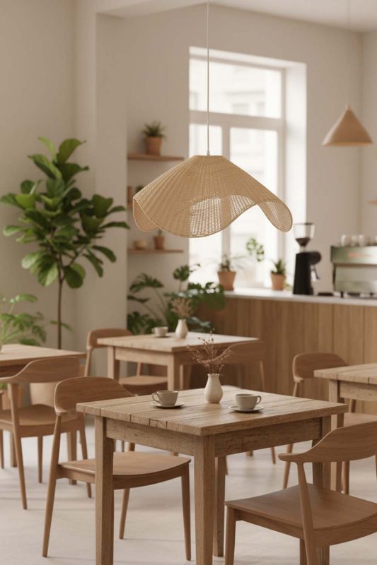 Restaurant Table Beige Rattan Wave Pendant Light - Cozy Fine Dining