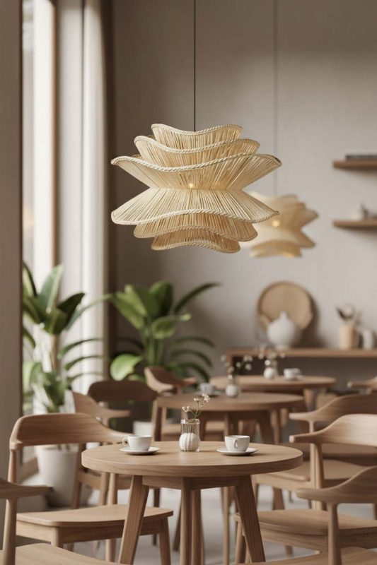 Restaurant Table Beige Vietnamese Flower Rattan Chandelier - Memorable Ambience