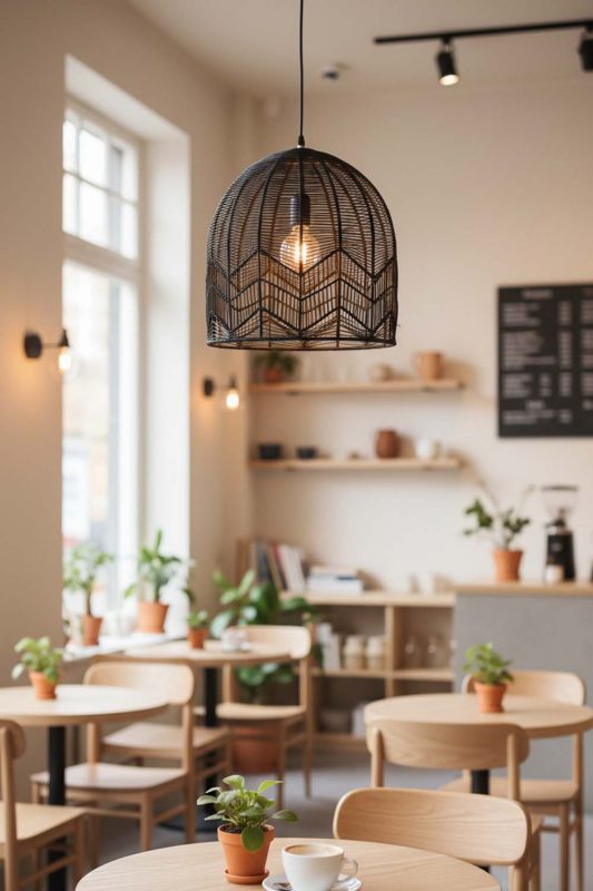 Restaurant Table Black Rattan Birdcage Pendant Light - Warm & Inviting Atmosphere