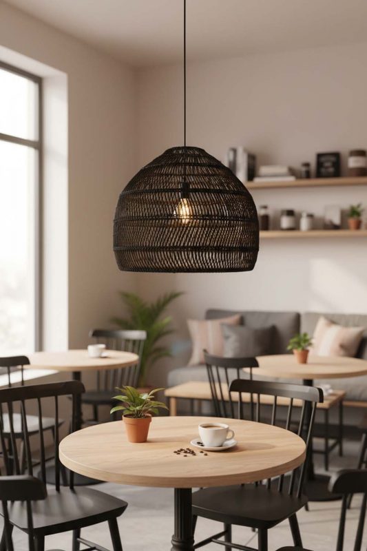 Restaurant Table Black Rattan Cage Pendant Light - Elegant Dining Experience
