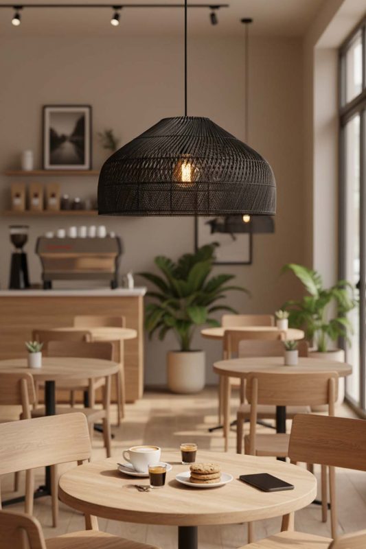 Restaurant Table Black Rattan Wide Dome Pendant Light - Warm & Inviting Atmosphere