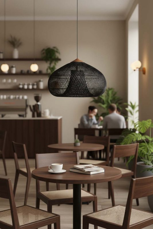 Restaurant Table Black Vintage Wood Rattan Pendant Light - Upscale & Stylish