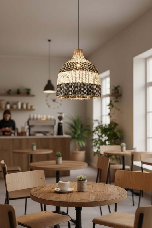 Restaurant Table Black White Dome Rattan Pendant - Memorable Ambience