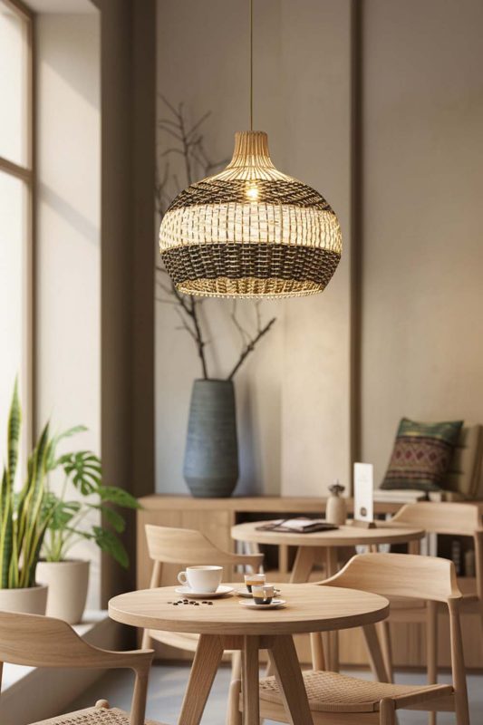Restaurant Table Black White Round Rattan Pendant - Elegant Dining Experience