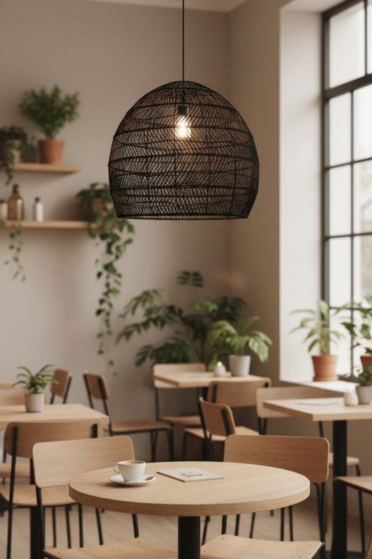 Restaurant Table Black Wicker Basket Pendant Light - Warm & Inviting Atmosphere