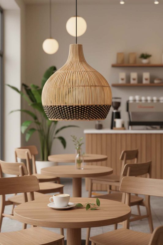 Restaurant Table Bottom Black Rattan Pendant Light - Elegant Dining Experience