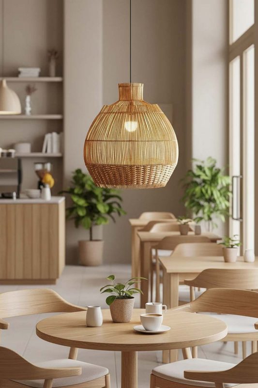 Restaurant Table Bottom Brown Rattan Pendant - Memorable Ambience