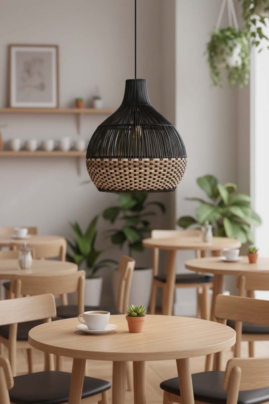 Restaurant Table Bottom Tan Brown Rattan Light Black Body - Upscale & Stylish