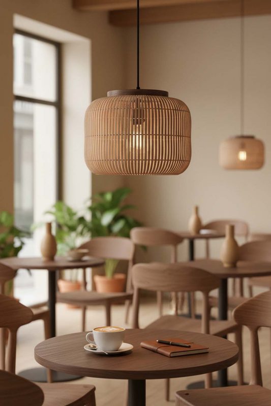 Restaurant Table Brown Rattan Capsule Pendant Light - Elegant Dining Experience