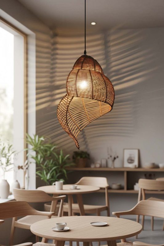 Restaurant Table Brown Rattan Spiral Pendant Light - Memorable Ambience