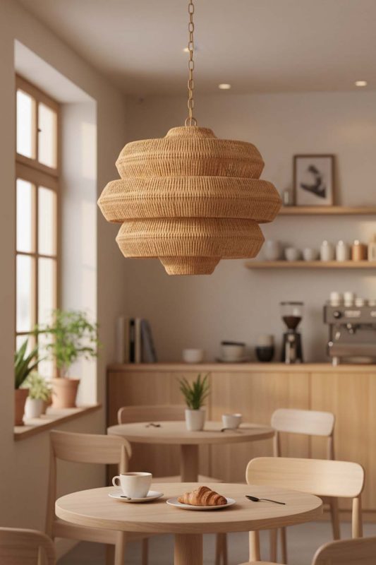 Restaurant Table Brown Tiered Rattan Chandelier - Warm & Inviting Atmosphere