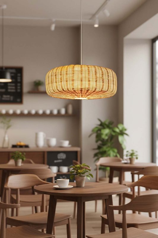 Restaurant Table Flat Drum Rattan Chandelier - Cozy Fine Dining