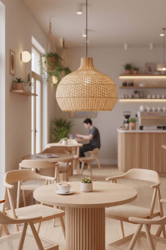 Restaurant Table Full White Rattan Pendant Light - Cozy Fine Dining