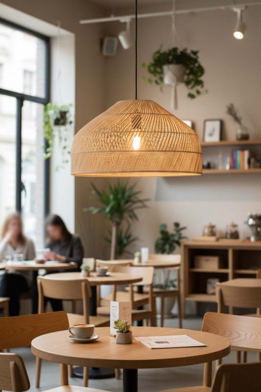 Restaurant Table Natural Rattan Wide Dome Pendant Light - Upscale & Stylish