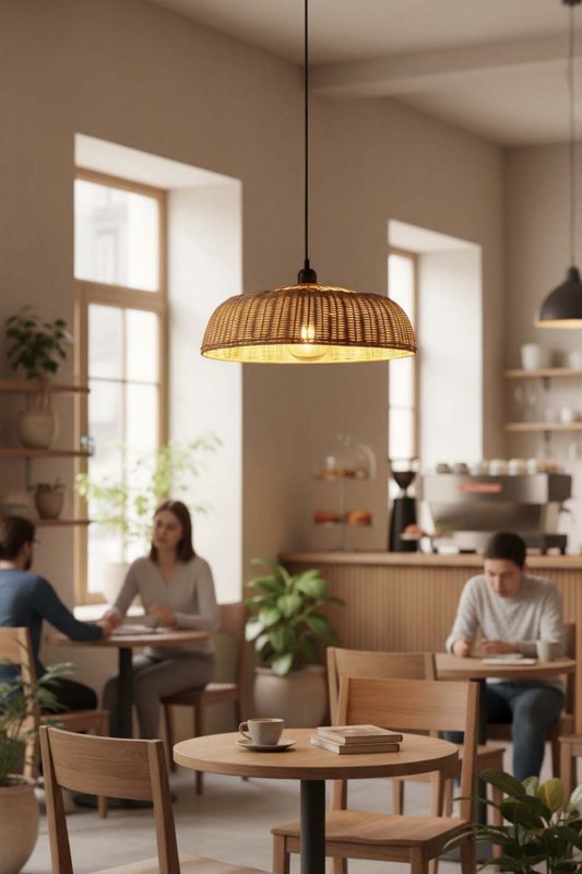 Restaurant Table Rattan Disc Pendant Light - Warm & Inviting Atmosphere