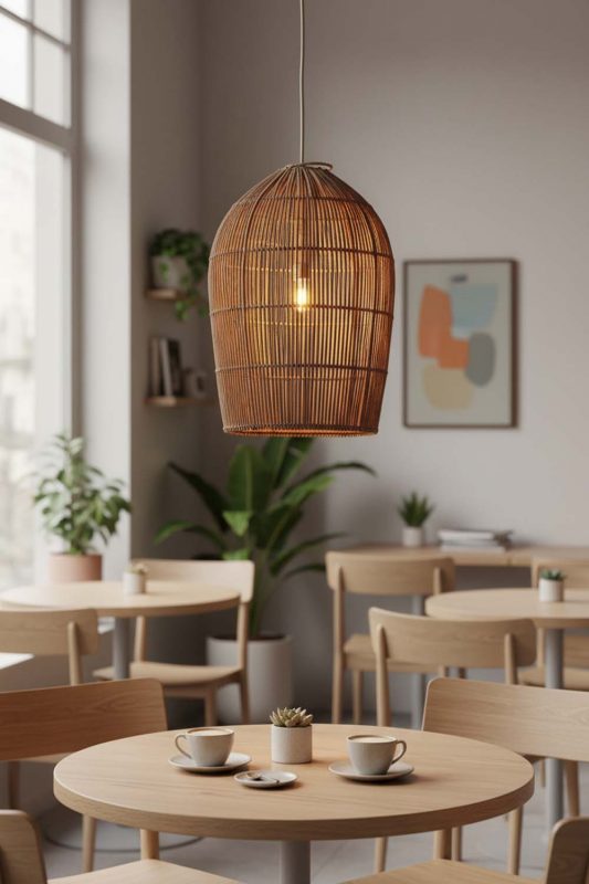 Restaurant Table Rattan Dome Pendant Light - Cozy Fine Dining