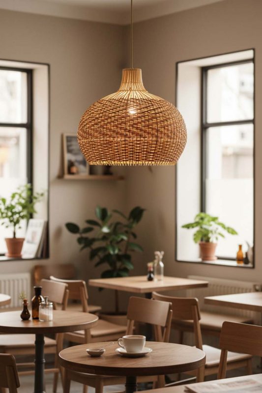 Restaurant Table Red Orange Rattan Pendant Light - Upscale & Stylish