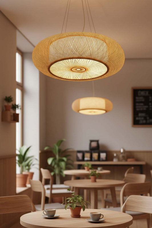 Restaurant Table Round Bamboo Drum Chandelier - Elegant Dining Experience