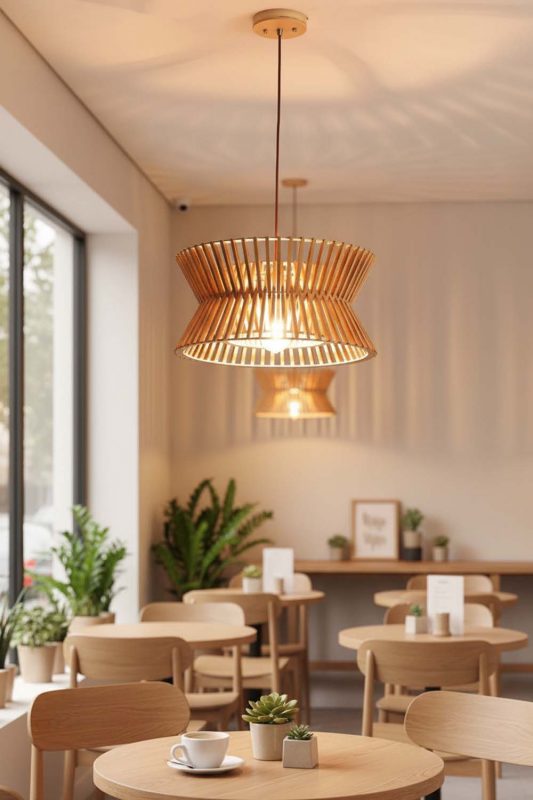 Restaurant Table Round Wood Slat Pendant Light - Cozy Fine Dining