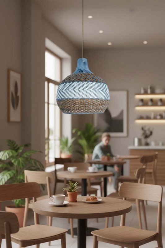 Restaurant Table Tan Brown White Rattan Pendant Light - Elegant Dining Experience