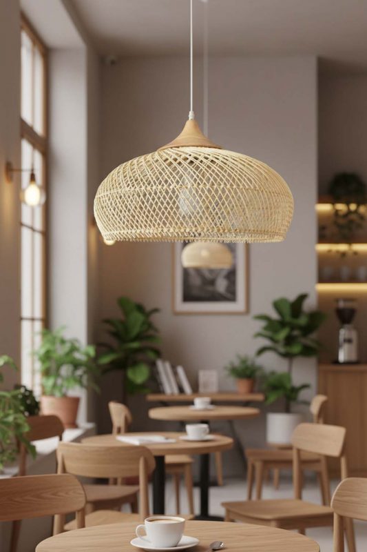 Restaurant Table Vintage Wood Rattan Pendant Light C - Memorable Ambience