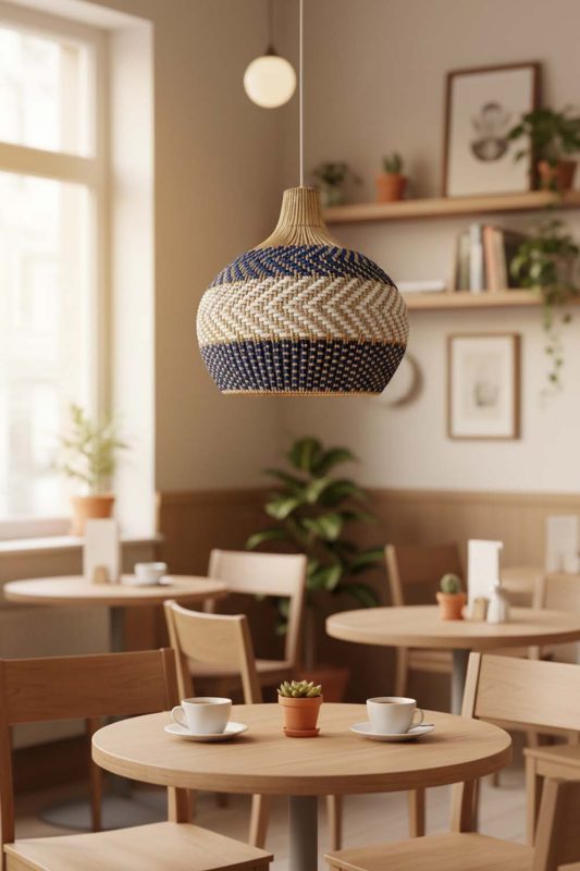 Restaurant Table White Blue Rattan Pendant Light - Memorable Ambience