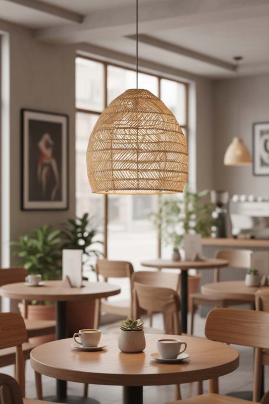 Restaurant Table Wicker Basket Pendant Light Beige Color - Upscale & Stylish