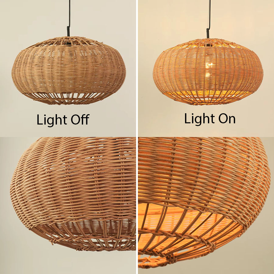 Rattan Barrel Pendant Light On Off Comparison