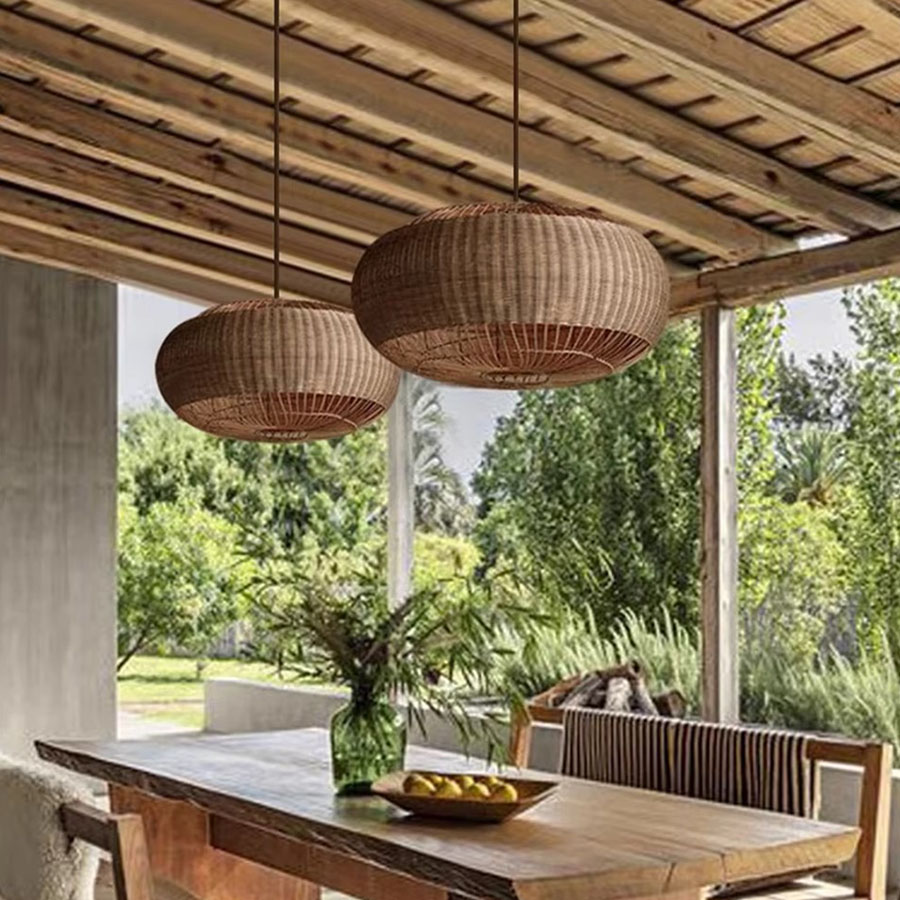 Rattan Barrel Pendant Light Outdoor Dining Pavilion Decor