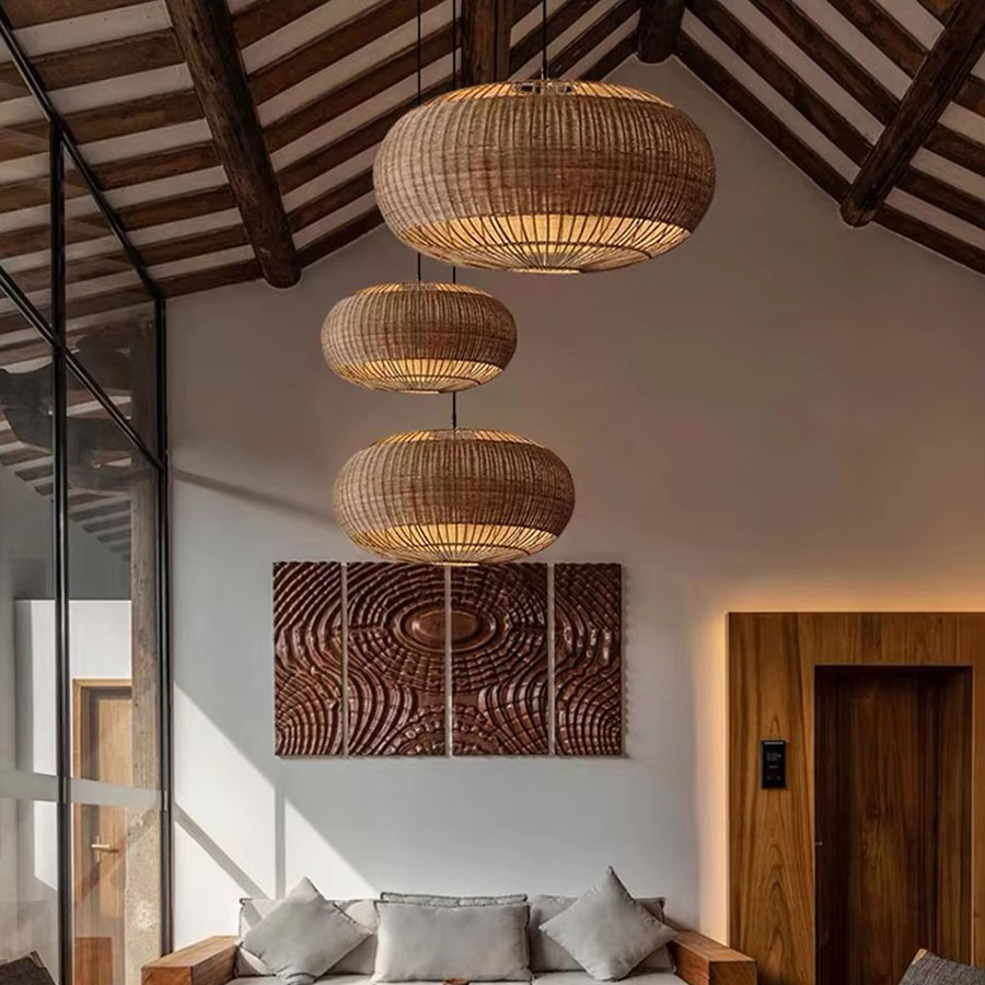 Rattan Barrel Pendant Lights Cluster Staggered Ceiling Decor
