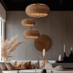 Rattan Barrel Pendant Lights Mixed Sizes Wall Decor
