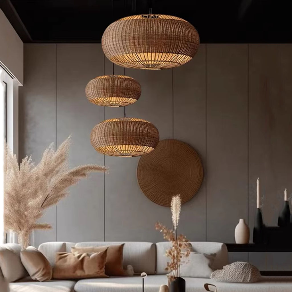 Rattan Barrel Pendant Lights Mixed Sizes Wall Decor