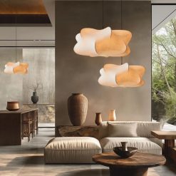 Silk Cocoon Pendant Light cluster over living room sofa