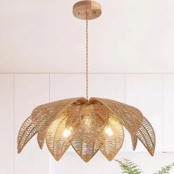 Vintage Flower Shaped Pendant Light Wicker Chandelier Gold Finish