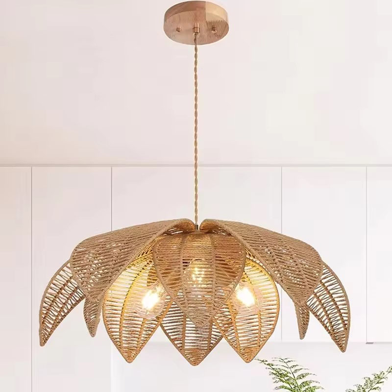 Vintage Flower Shaped Pendant Light Wicker Chandelier Gold Finish