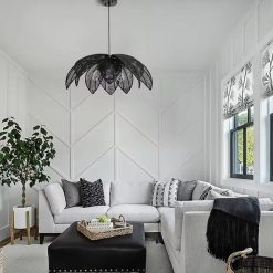 Vintage Flower Wicker Chandelier Black Finish Living Room Decor