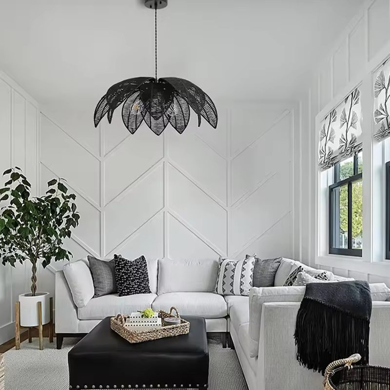 Vintage Flower Wicker Chandelier Black Finish Living Room Decor