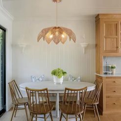 Vintage Wicker Chandelier Above Wooden Dining Table Boho Decor