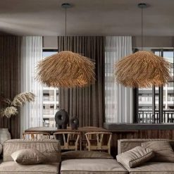 Wabi Sabi Rattan Pendant Lamp Hanging Over boho Living Room