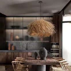 Wabi Sabi Rattan Pendant Lamp Over Kitchen Bar Rustic Cafe Style