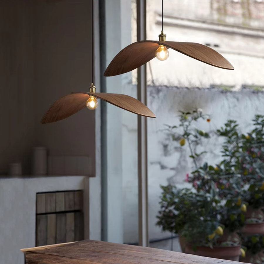 Wabi Sabi Wing Wood Pendant Light Sunroom Dining Area