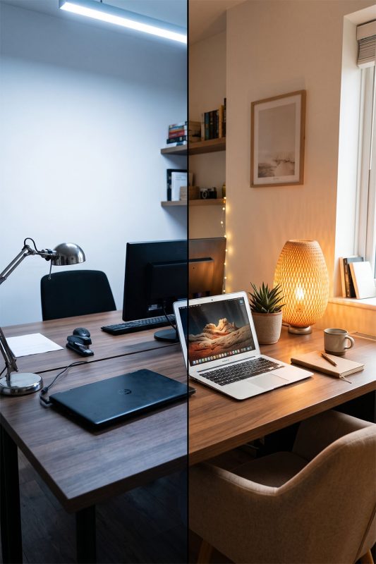 Warm vs Cool Lighting for Home Office - Before & After Comparison