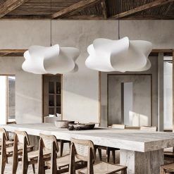 White Silk Cocoon Pendant Lights over dining table